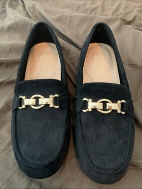 Black Suede Loafers with Gold Link Accent 9.5wide